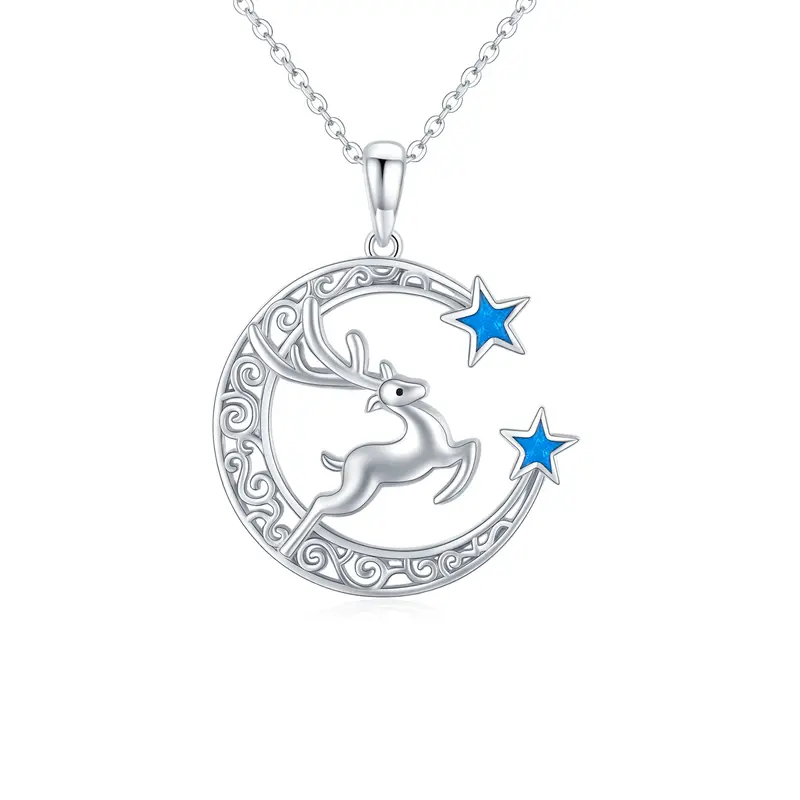 Sterling Silver Elk & Moon & Star Pendant Necklace
