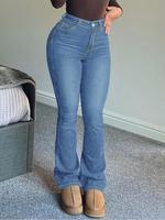 Women's Plain Flare Leg Jeans, Casual Flared Pants Button Fly Pocket Design Bell Bottoms Trousers for Daily Wear, Ladies Tigh...