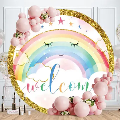 Aperturee Gold Glitter Rainbow Round Welcome Birthday Backdrop