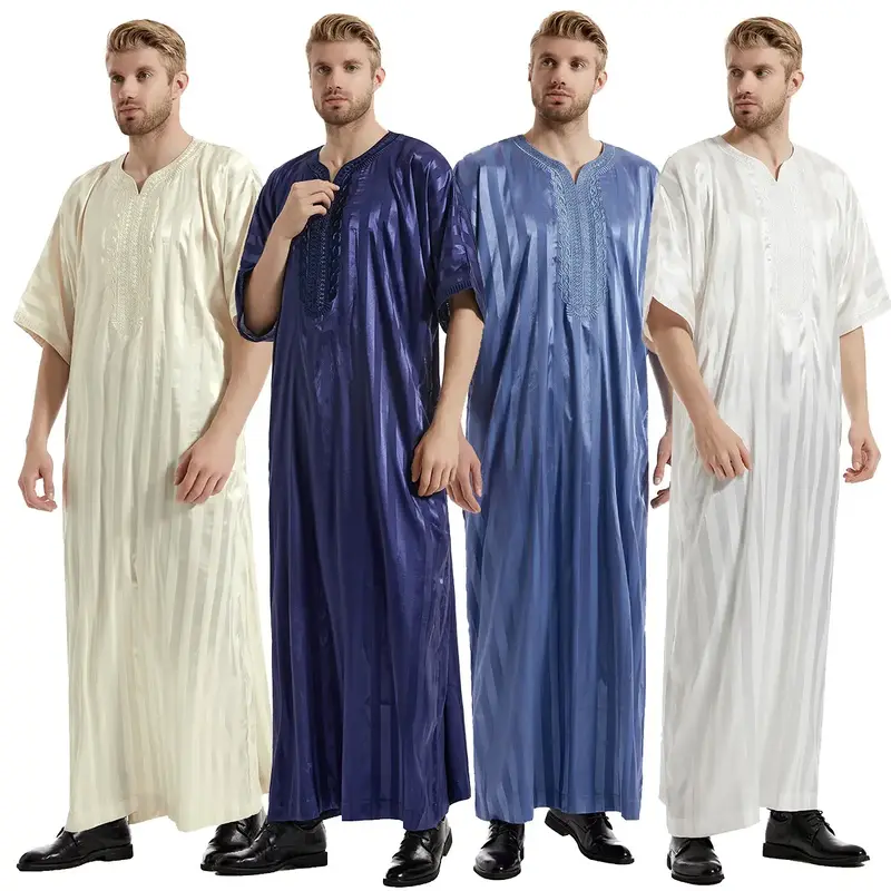 Arab Muslim Men Embroidered Robe Short Sleeve Striped Comfortable Ethnic Clothing Autumn Ready Stock Breathable night  thobe