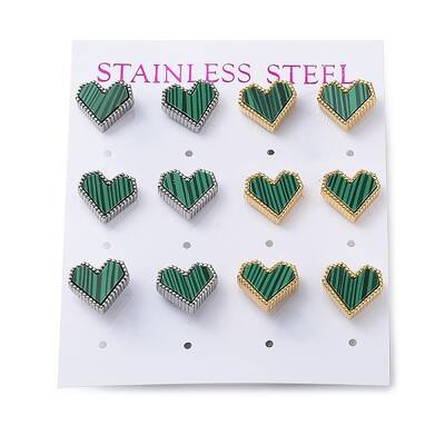 6 Pair 2 Color Synthetic Malachite Heart Stud Earrings