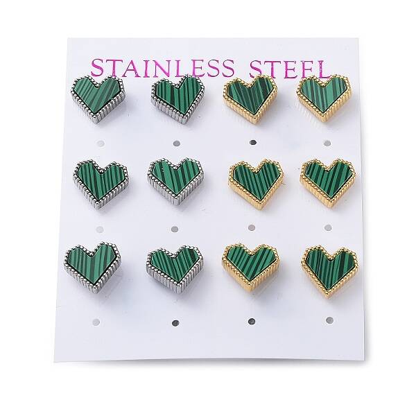 6 Pair 2 Color Synthetic Malachite Heart Stud Earrings