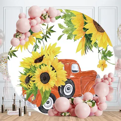 Aperturee Sunflowers And Red Truck Round Baby Shower Backdrop