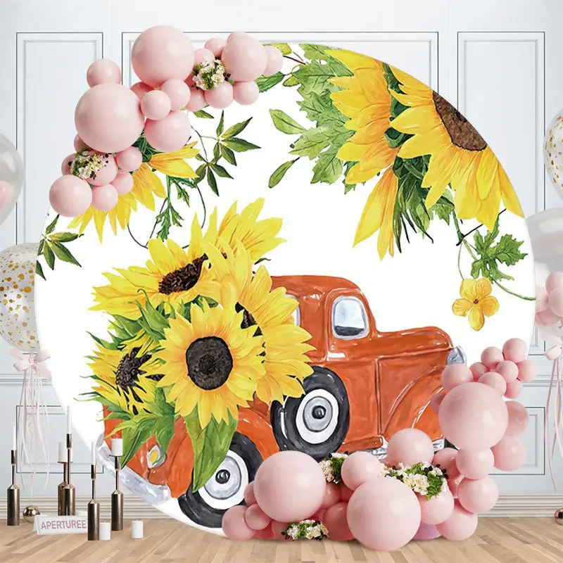 Aperturee Sunflowers And Red Truck Round Baby Shower Backdrop
