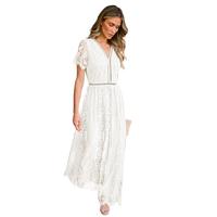 MEROKEETY Women's V Neck Short Sleeve Floral Lace Wedding Bridesmaid Party Maxi Dress