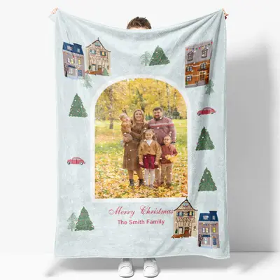 Custom Photo House Tree Family Christmas Blanket - Aperturee