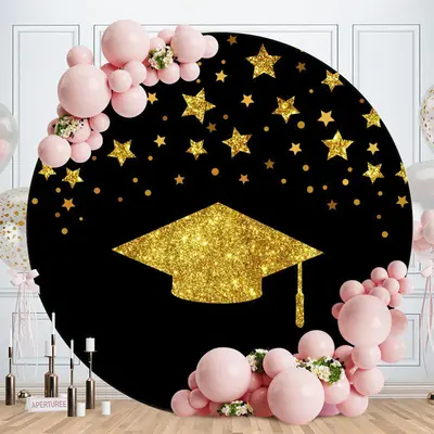 Gold Glitter Star Round Black Graduation Backdrop - Aperturee