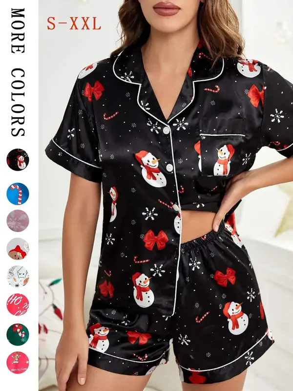 Chrismas Pajamas Set,Women's Halloween Print Lapel Neck Pocket Shirt & Shorts Satin Pyjama, Casual Comfy Short Sleeve Button ...