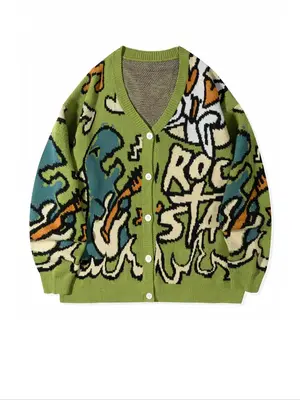 Men's Letter & Dinosaur Print Drop Shoulder Cardigan, Loose Casual Long Sleeve V Neck Button Front Knitwear for Fall & Winter...