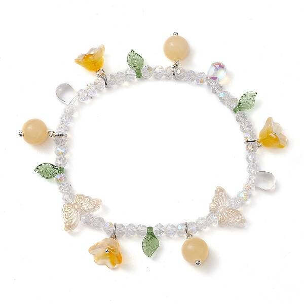 Dyed Natural Topaz Jade & Glass Beaded Stretch Bracelet with Flower Charms