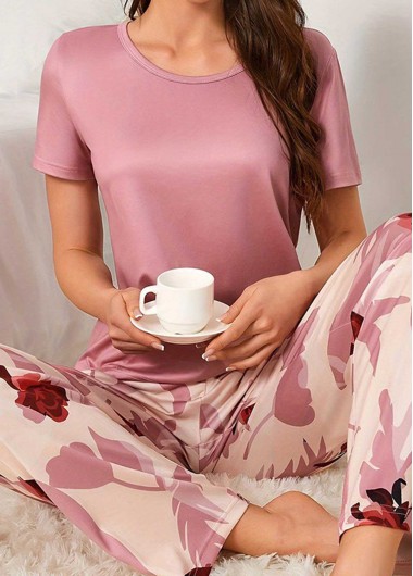 Modlily Pink Floral Print Short Sleeve Lounge Top and Pants - L