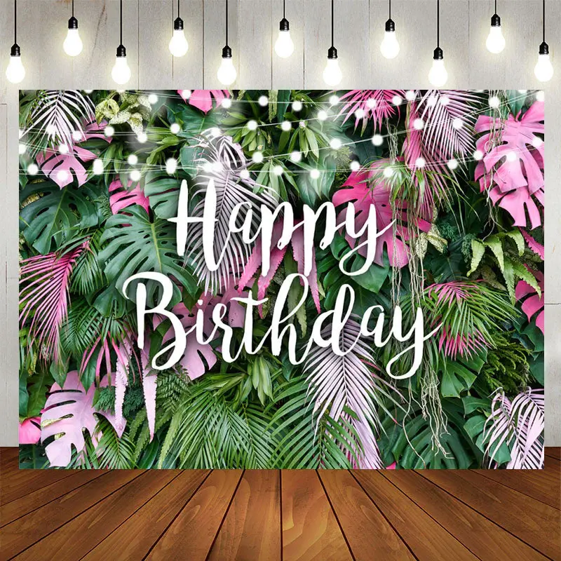 Aperturee Pink and Green Tropical Leaves Birthday Backdrop
