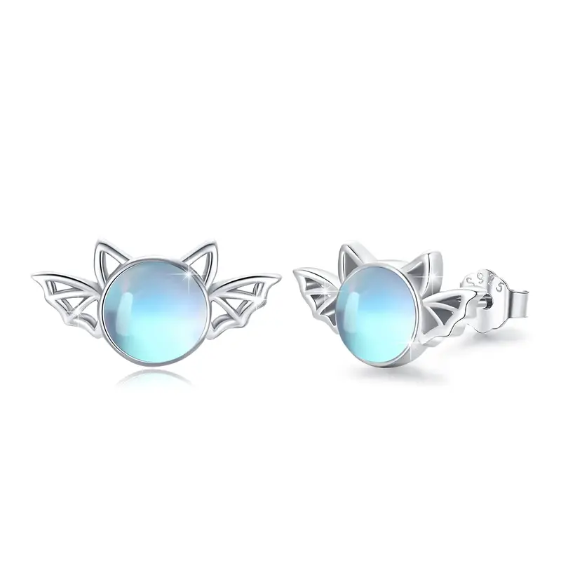 Sterling Silver Round Moonstone Bat Stud Earrings