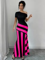 Women's Colorblock Striped Print Asymmetrical Neck Mermaid Dress, Elegant Fashion Casual Dress for Daily Outdoor Wear, Women ...