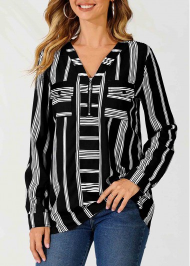 Modlily Striped Color Block V Neck Zipper Detail Blouse - S