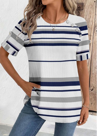Modlily White Striped Short Sleeve Round Neck Blouse - M