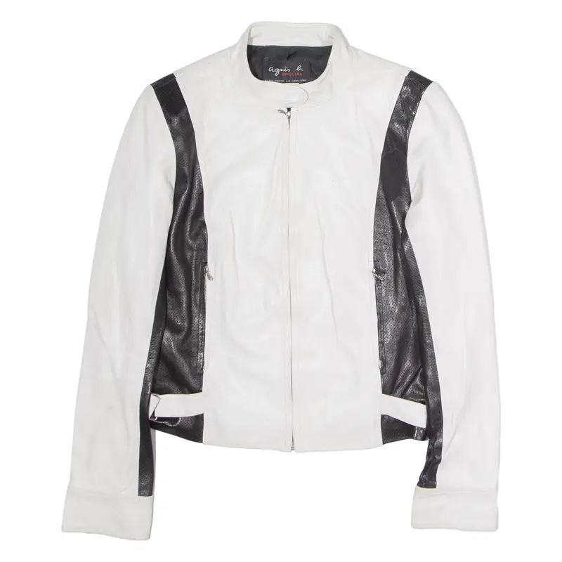 AGNES B SPECIAL Womens Motorcycle Jacket White Faux Leather Colourblock M