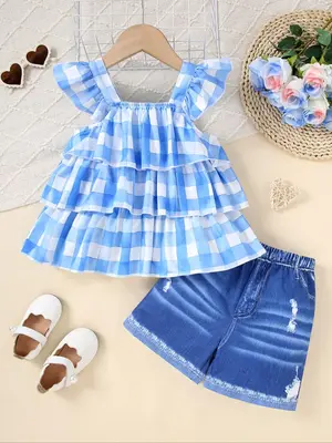 Two-Piece Set Toddler Girl's Plaid Print Top & Denim-Effect Print Shorts Set, Casual Cute Sleeveless Top & Shorts Outfit for...