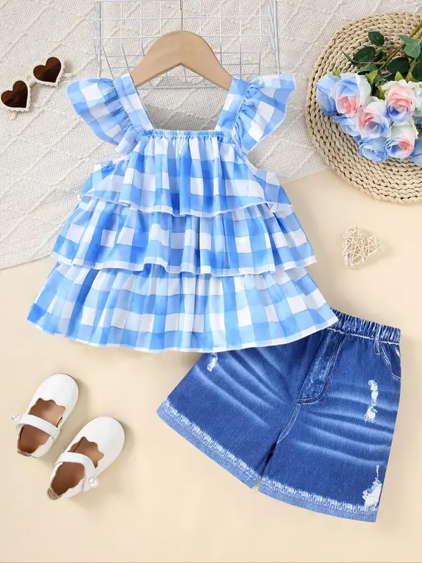 Two-Piece Set Toddler Girl's Plaid Print Top & Denim-Effect Print Shorts Set, Casual Cute Sleeveless Top & Shorts Outfit for...