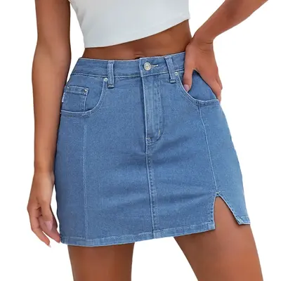 Genleck Women's High-Waisted Denim Skort | Built-in Shorts & Side Slit Skirt Womenswear
