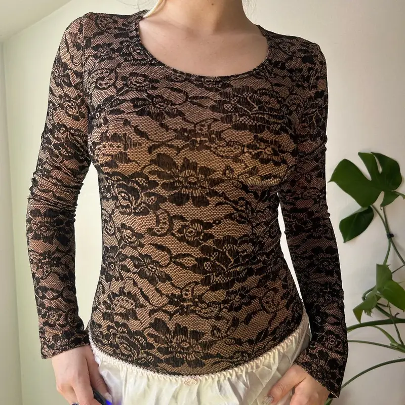 Specchio Long Sleeve Top - Small Beige Polyester Blend