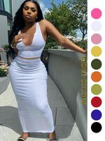 Two-piece Set Women's Solid Notched Neck Crop Tank Top & High Waist Bodycon Skirt Set, Casual Slim Sleeveless Top & Long Skir...