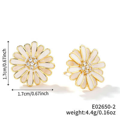 Cute Fashionable Sunflower Brass Clear Cubic Zirconia Stud Earrings for Women