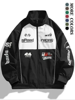 Men's Colorblock Letter Print Zip Up Jacket, Regular Fit Casual Pocket Funnel Neck Windproof Outerwear for Daily Wear, Men's ...