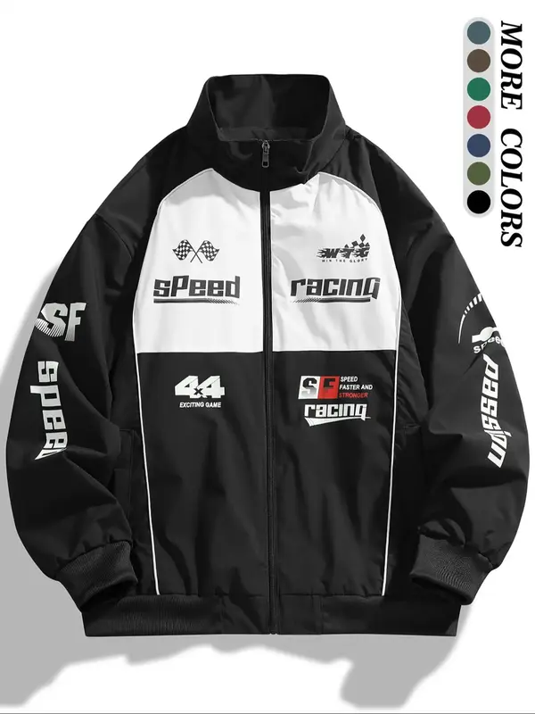 Men's Colorblock Letter Print Zip Up Jacket, Regular Fit Casual Pocket Funnel Neck Windproof Outerwear for Daily Wear, Men's ...