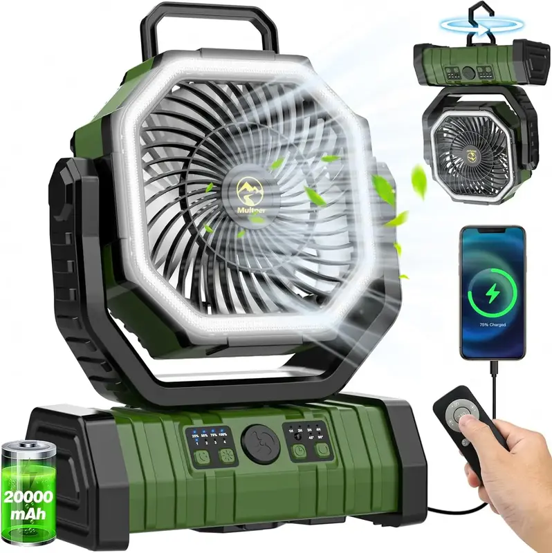 20000mAh Portable Rechargeable Camping Fan with LED Light - 360° Auto-Oscillating, 4-Speed Adjustable Wind, Remote Control |...