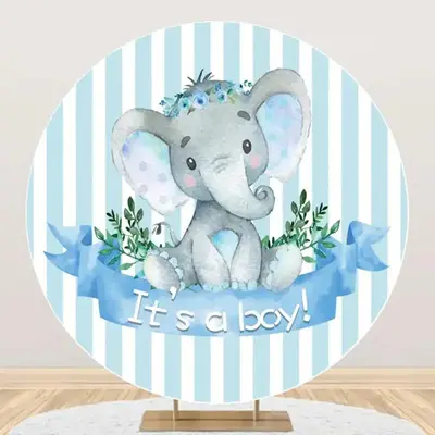 Blue Elephant Stripe Leaf Round Baby Shower Backdrop - Aperturee