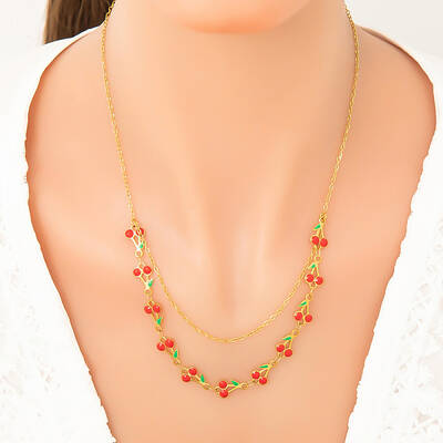 304 Stainless Steel Red Enamel Cherry Link Chain Double Layer Necklaces for Women
