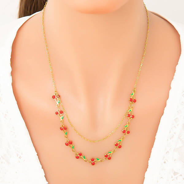 304 Stainless Steel Red Enamel Cherry Link Chain Double Layer Necklaces for Women