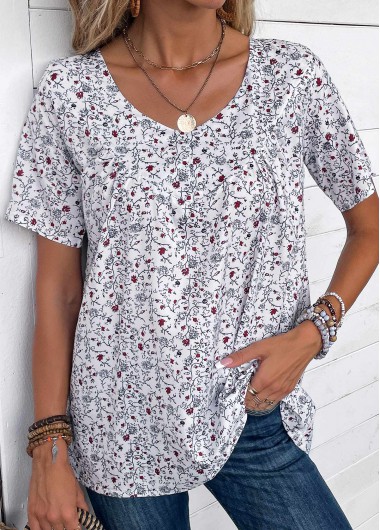 Modlily Bleaching White Ruched Ditsy Floral Print T Shirt - One Size