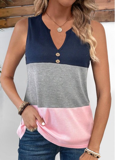 Modlily Pink Button Sleeveless Split Neck Tank Top - XXL