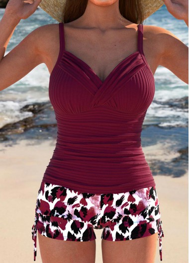 Modlily Ruched Leopard Wine Red Tankini Set - S