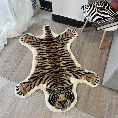 Tiger Print Indoor Carpet, 1 Count Animal Shaped Home Decorative Floor Mat, Anti-slip Boho Style Rug For Living Room Bedroom ...