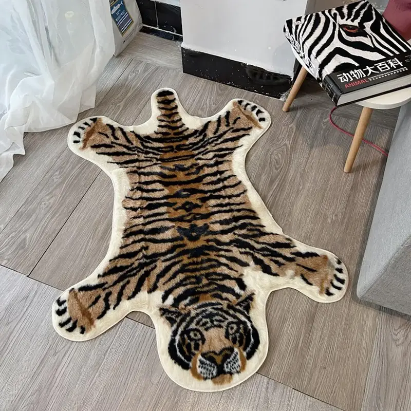 Tiger Print Indoor Carpet, 1 Count Animal Shaped Home Decorative Floor Mat, Anti-slip Boho Style Rug For Living Room Bedroom ...