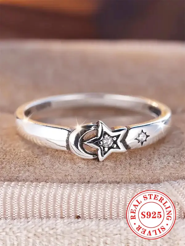 S925 Sterling Silver Star & Moon Design Ring, Fashion Jewelry Accessories for Women & Girls, Trendy All-match & Exquisite Jew...