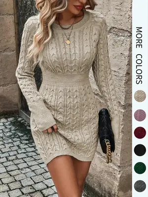 Women's Plain Round Neck Cable Knit Bodycon Sweater Dress, Elegant Fashion Casual Long Sleeve Jumper Dress for Daily Outdoor ...