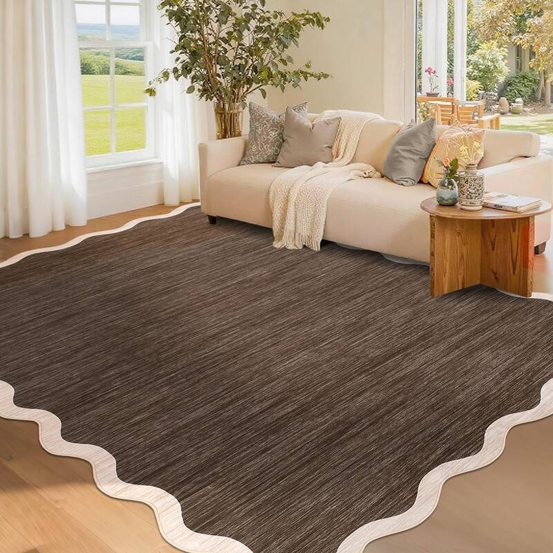 Garvee Scalloped Washable Area Rugs Brown 5'x7' Non Slip Soft Low Pile Carpet for Living Room Bedroom Dining Room Nursery