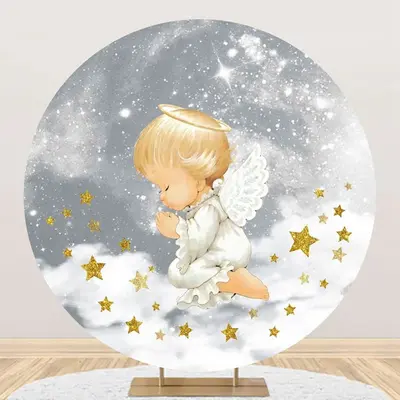 Grey White Stars Cloud Angel Baby Baptism Backdrop