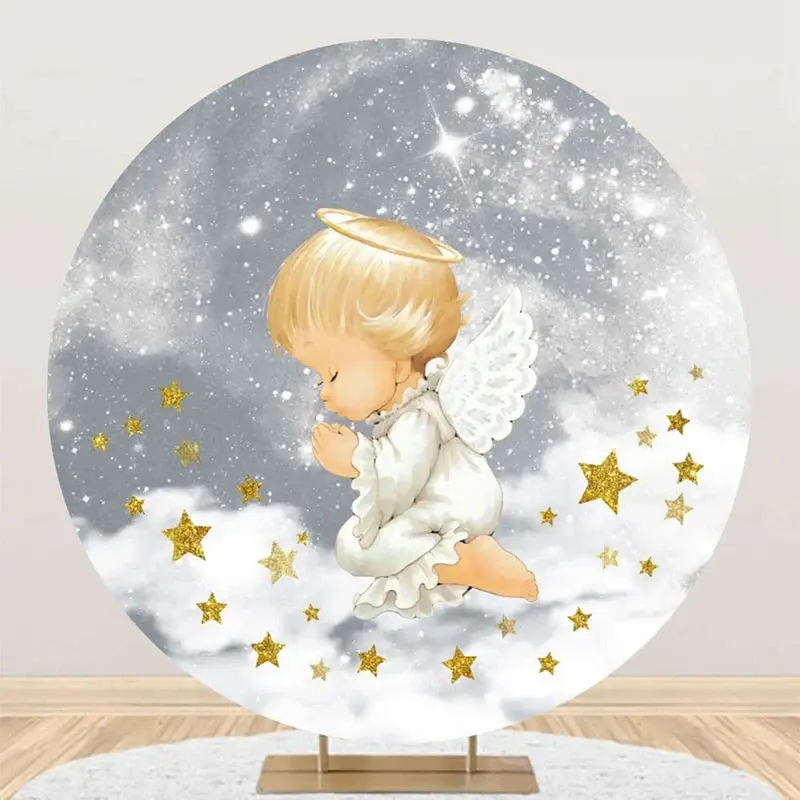 Grey White Stars Cloud Angel Baby Baptism Backdrop