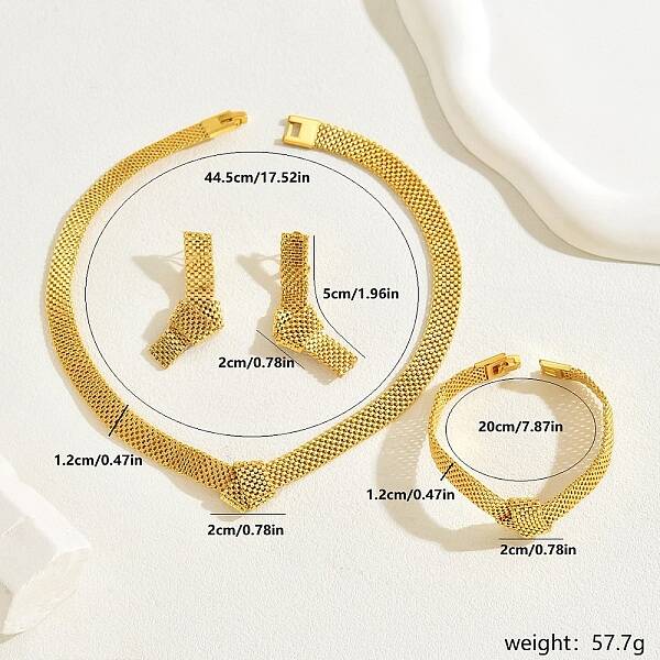 Exaggerated European Style Knot Shape Iron Mesh Chain Necklace & Bracelet & Dangle Stud Earring Jewelry Sets for Banquet