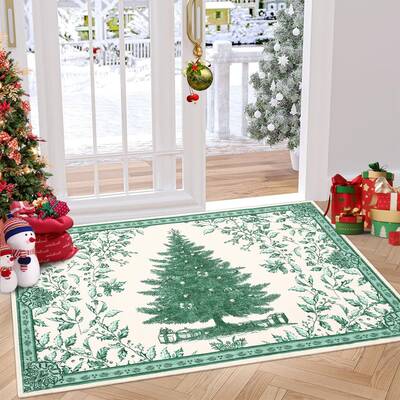 Garvee Christmas Rug 2x3 with Tree Print Non-Slip Soft Terrycloth Fabric Washable Indoor Door Mat for Entryway Kitchen Bathro...