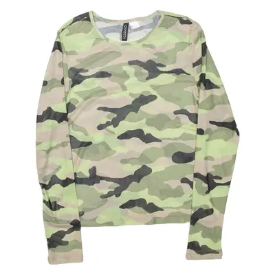 DIVIDED Sheer Womens Printed Top Green Long Sleeve Camouflage M