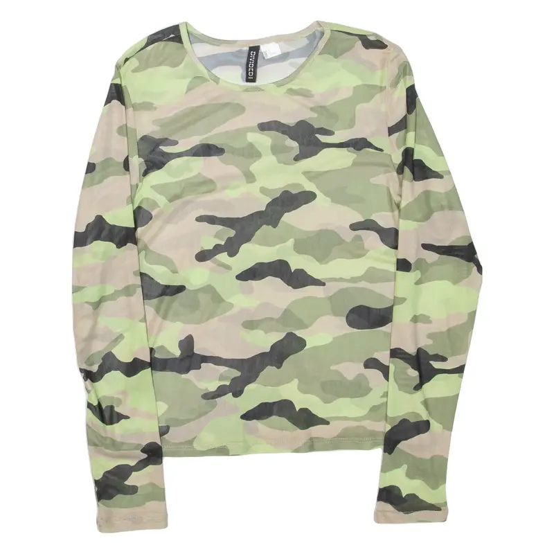 DIVIDED Sheer Womens Printed Top Green Long Sleeve Camouflage M