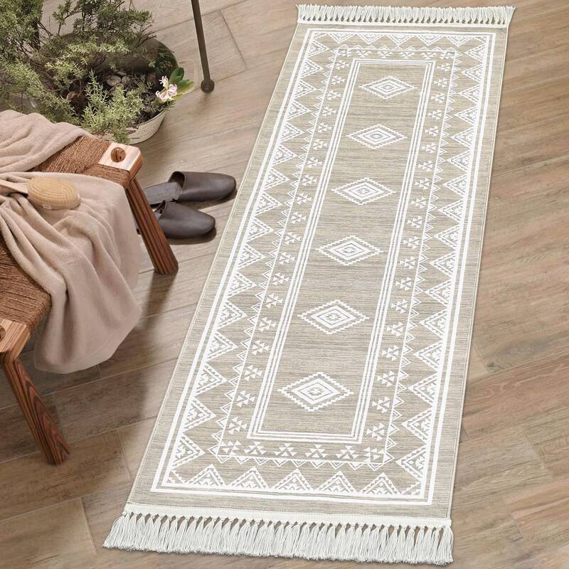 Garvee Boho Washable Runner Rug, Non-Slip Moroccan Tribal Carpet with Tassels, Stain-Resistant Farmhouse Geometric Floor Cove...