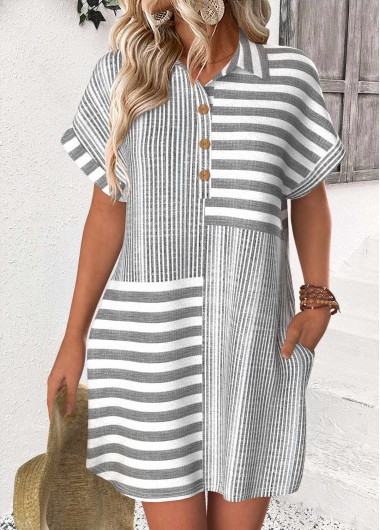 Modlily Light Grey Striped Short Shirt Collar Dress - XL