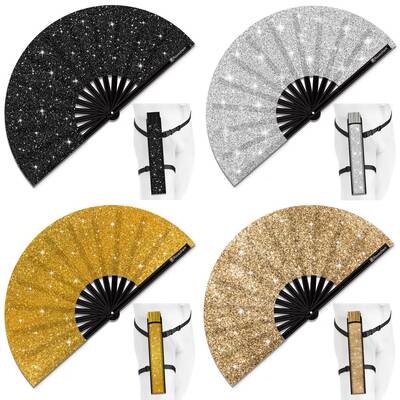 Glitter Large Rave Folding Clack Hand Fan with holster for men women Handheld Fan for EDM,Festival,Club,Party,Dance